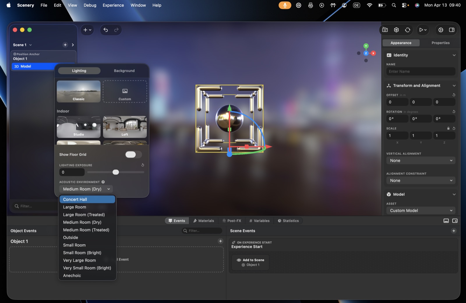 The acoustic environment menu – reverb presets from Concert Hall to Anechoic