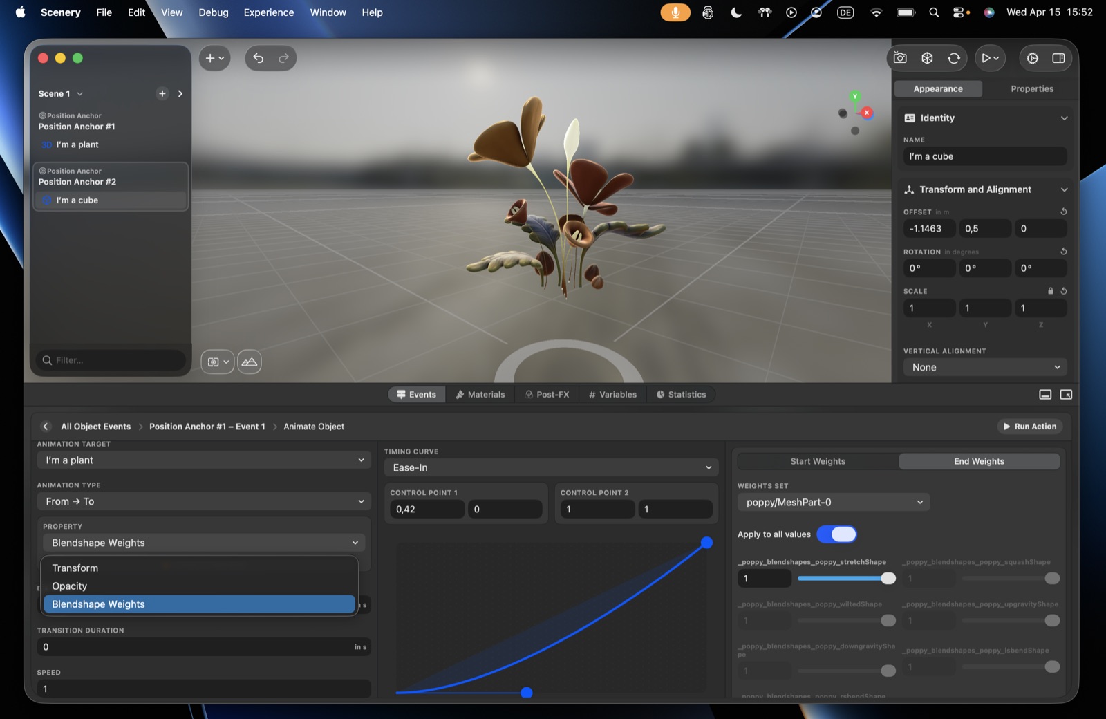 The Animate Object editor – animation type, a timing curve, and per-property controls, with the animating model in the viewport