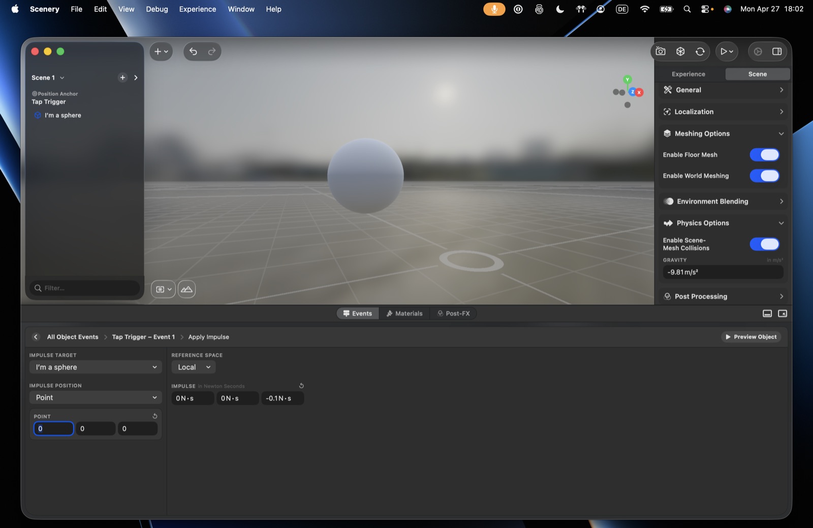 The Apply Impulse action – target, impulse position, reference space, and per-axis impulse