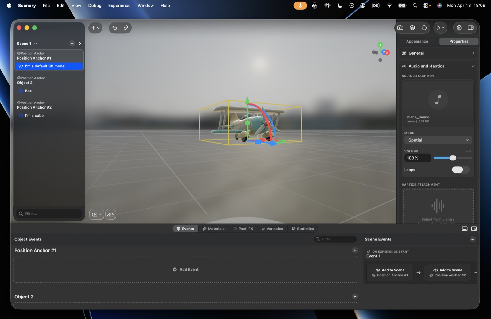 The Audio and Haptics section – an attached audio file with Spatial mode, volume and loop, plus the haptics attachment slot