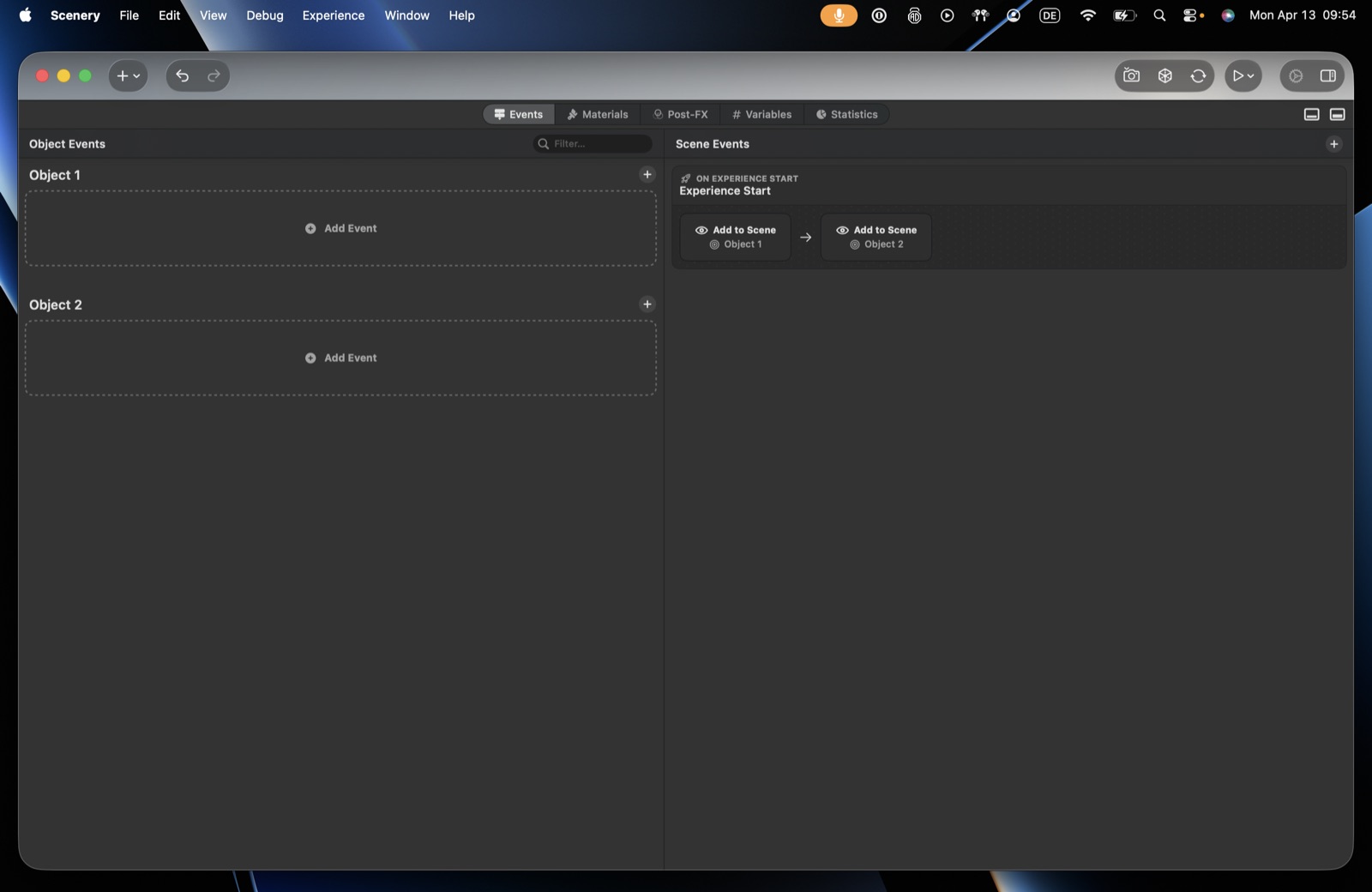 The bottom panel maximized, showing the Events, Materials, Post-FX, Variables, and Statistics tabs