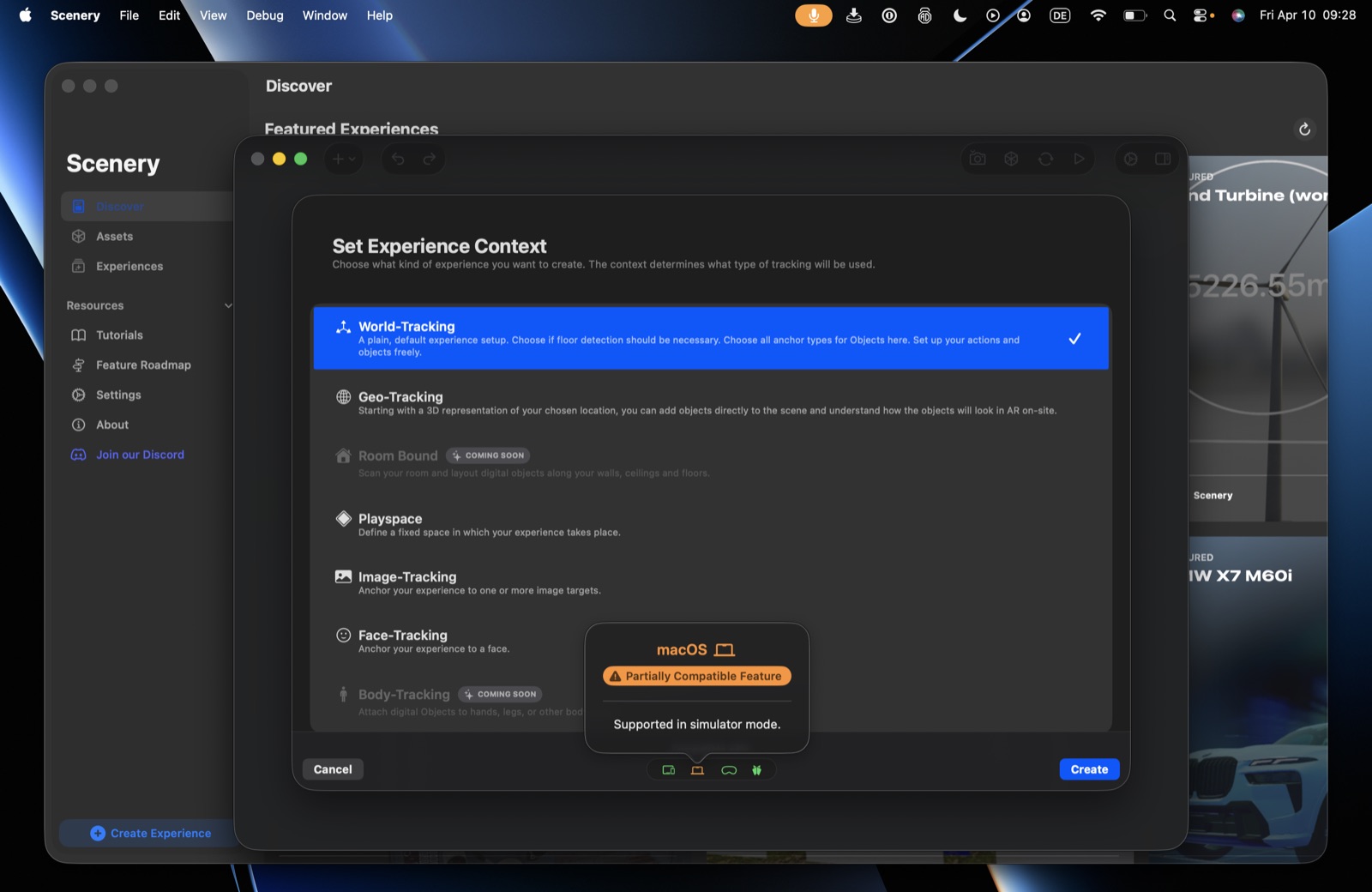A compatibility popover for macOS – Partially Compatible Feature, supported in simulator mode