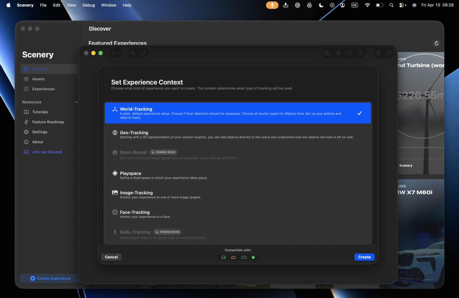 The Set Experience Context picker – World-Tracking, Geo-Tracking, Room Bound (coming soon), Playspace, Image-Tracking, Face-Tracking, and Body-Tracking (coming soon), with the compatibility row at the bottom