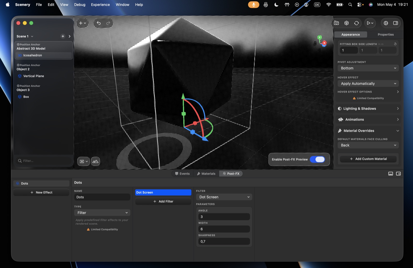 A Dot Screen filter applied to the scene, with its angle, width, and sharpness parameters and the post-effect preview toggle