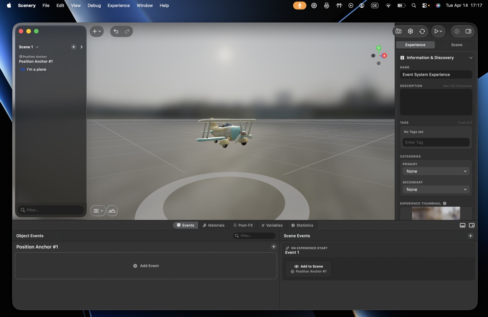 The Events panel at the bottom of the editor, split into Object events on the left and Scene events on the right