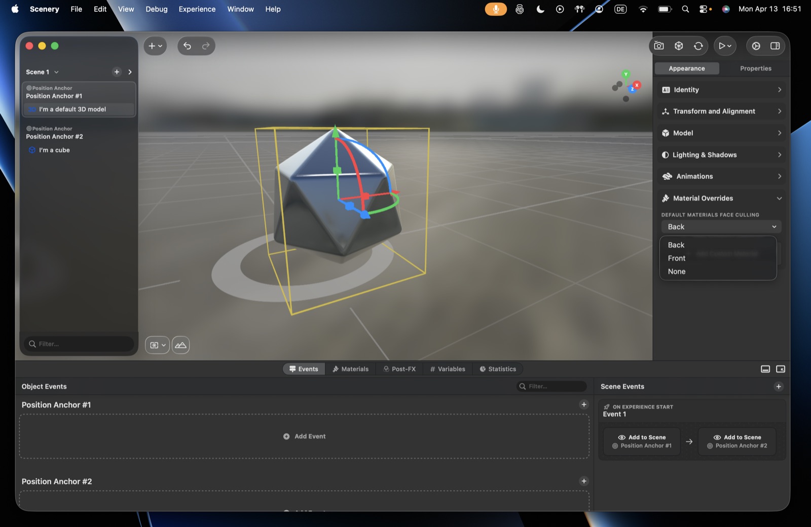 The default-materials face-culling menu – Back, Front, None