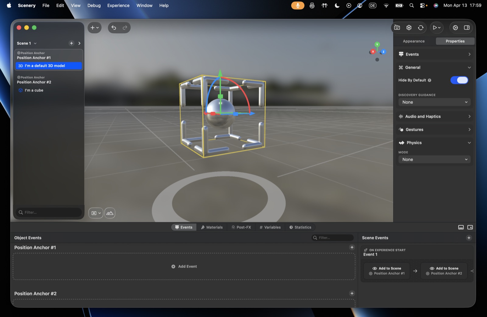 The Properties tab with the General section expanded – Hide By Default and Discovery Guidance, above the Audio, Gestures, and Physics sections