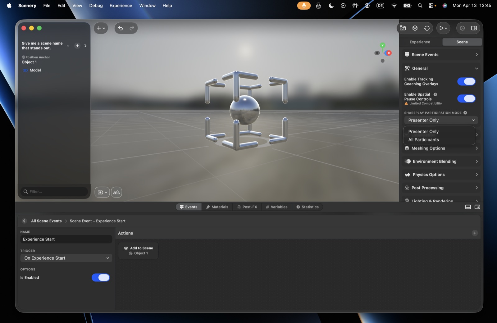 The General scene settings – tracking coaching overlay, spatial pause controls, and the SharePlay participation mode menu