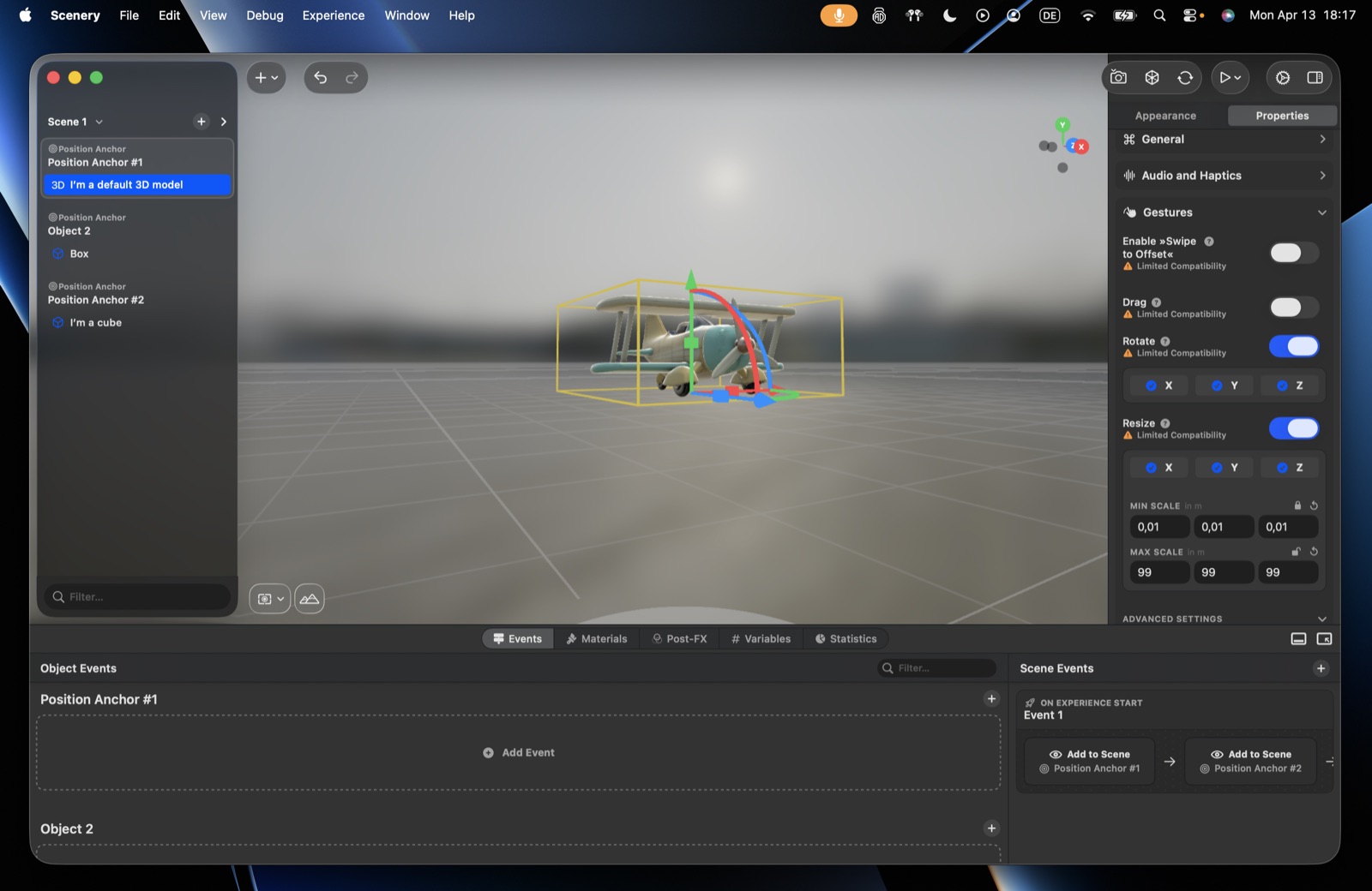 The Gestures section – Swipe to Offset, Drag, Rotate and Resize toggles with per-axis (X/Y/Z) limits and min/max scale fields