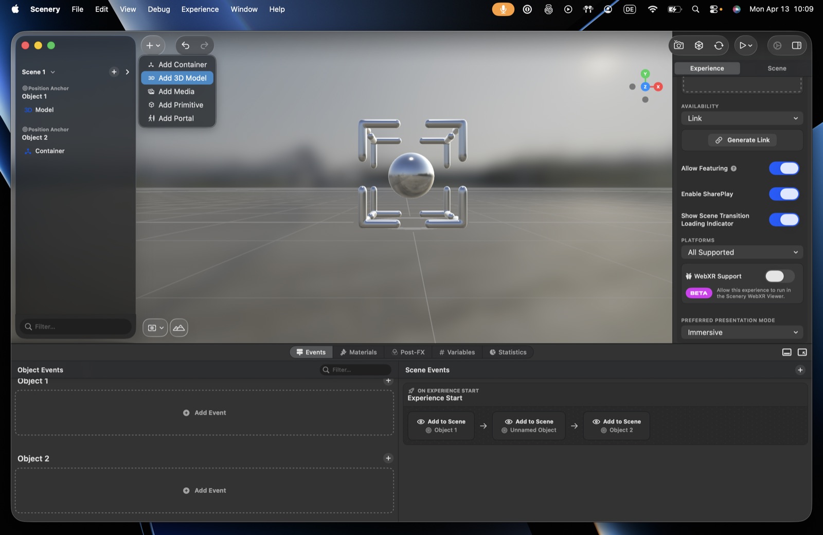 The + menu open – Add Container, Add 3D Model, Add Media, Add Primitive, Add Portal