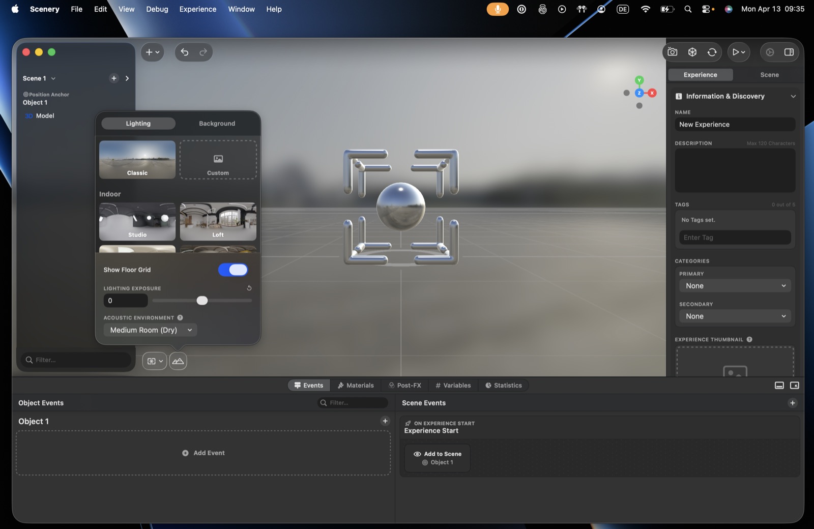 The Lighting panel – Classic and Custom, indoor presets, the floor grid toggle, lighting exposure, and the acoustic environment