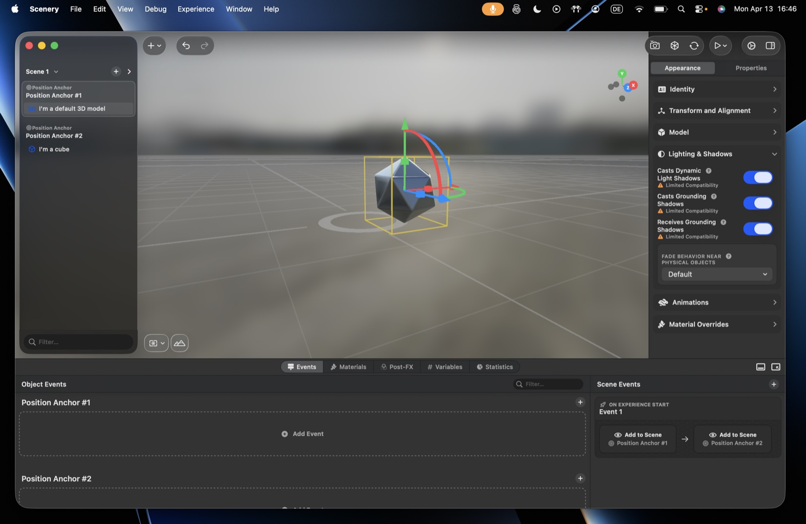 The lighting and shadows controls – cast dynamic light shadows, cast and receive grounding shadows, and the fade behaviour menu