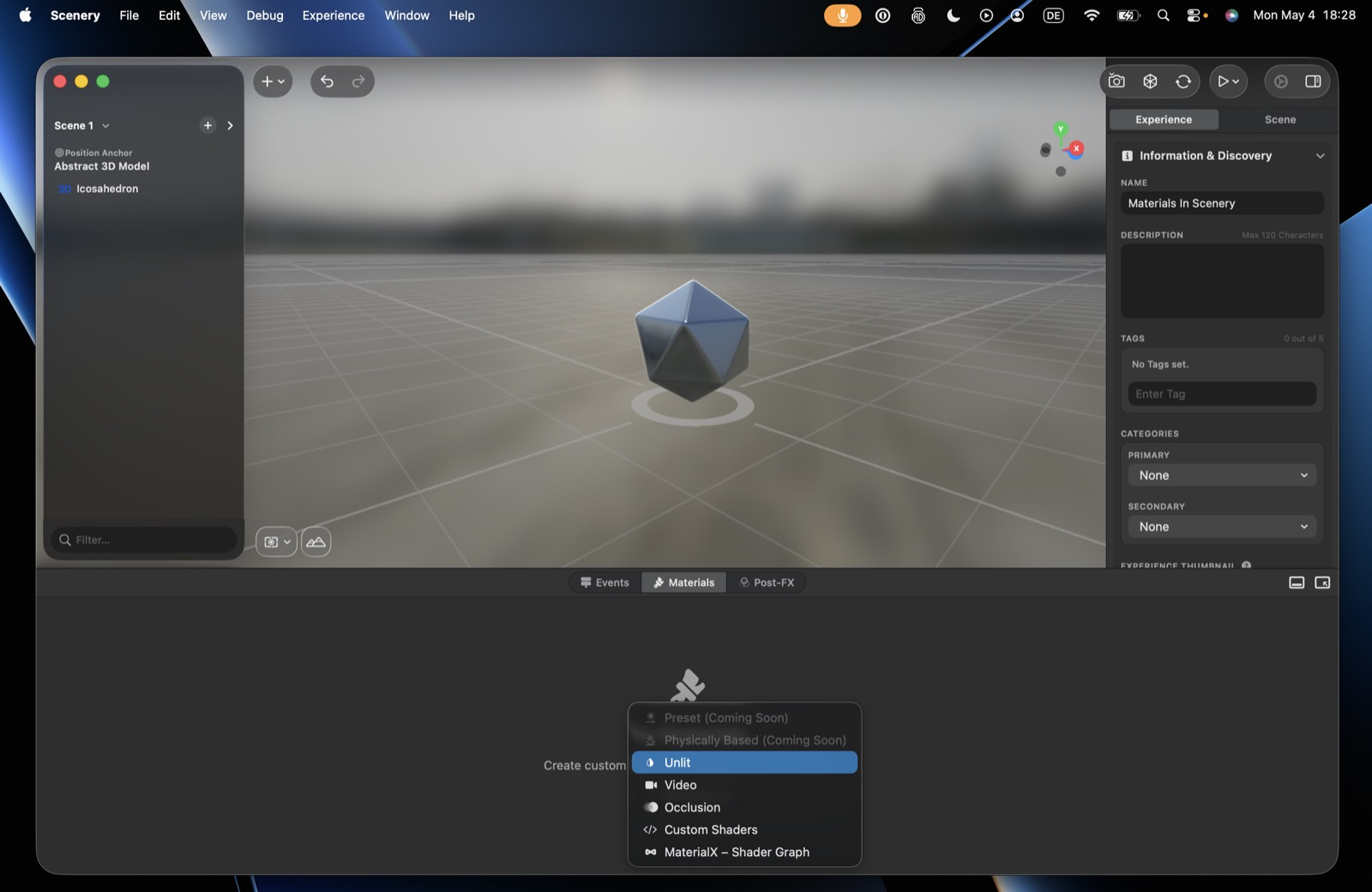 Creating a new material – the kind picker with Unlit, Video, Occlusion, Custom Shaders, and MaterialX – Shader Graph (Preset and Physically Based are coming soon)