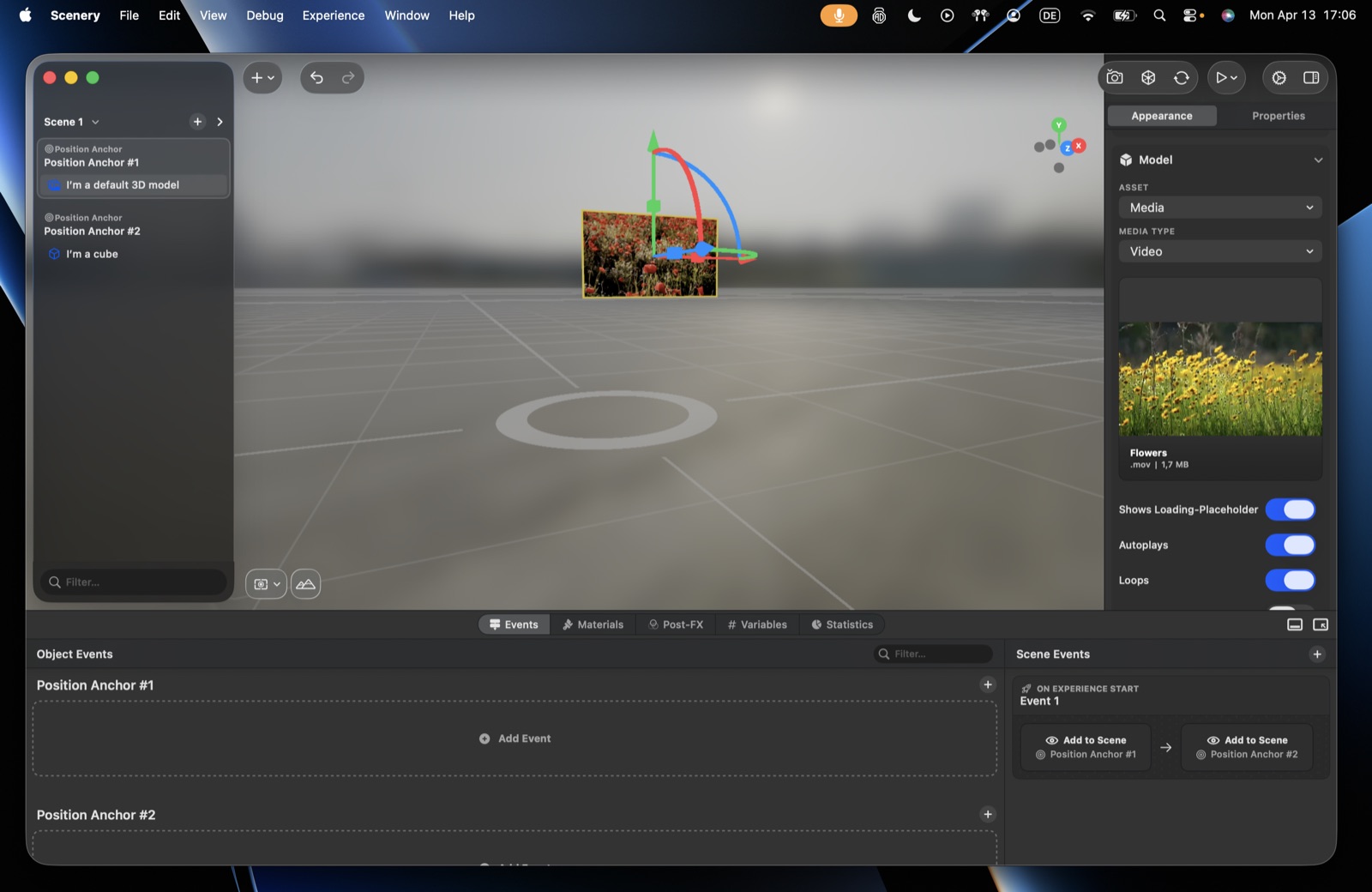 A video media object – media type, the source clip, and the loading placeholder, autoplay, and loops toggles