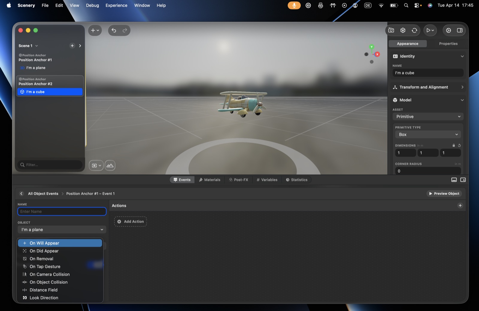 The object trigger picker – On Will Appear, On Did Appear, On Removal, On Tap Gesture, On Camera Collision, On Object Collision, Distance Field, Look Direction