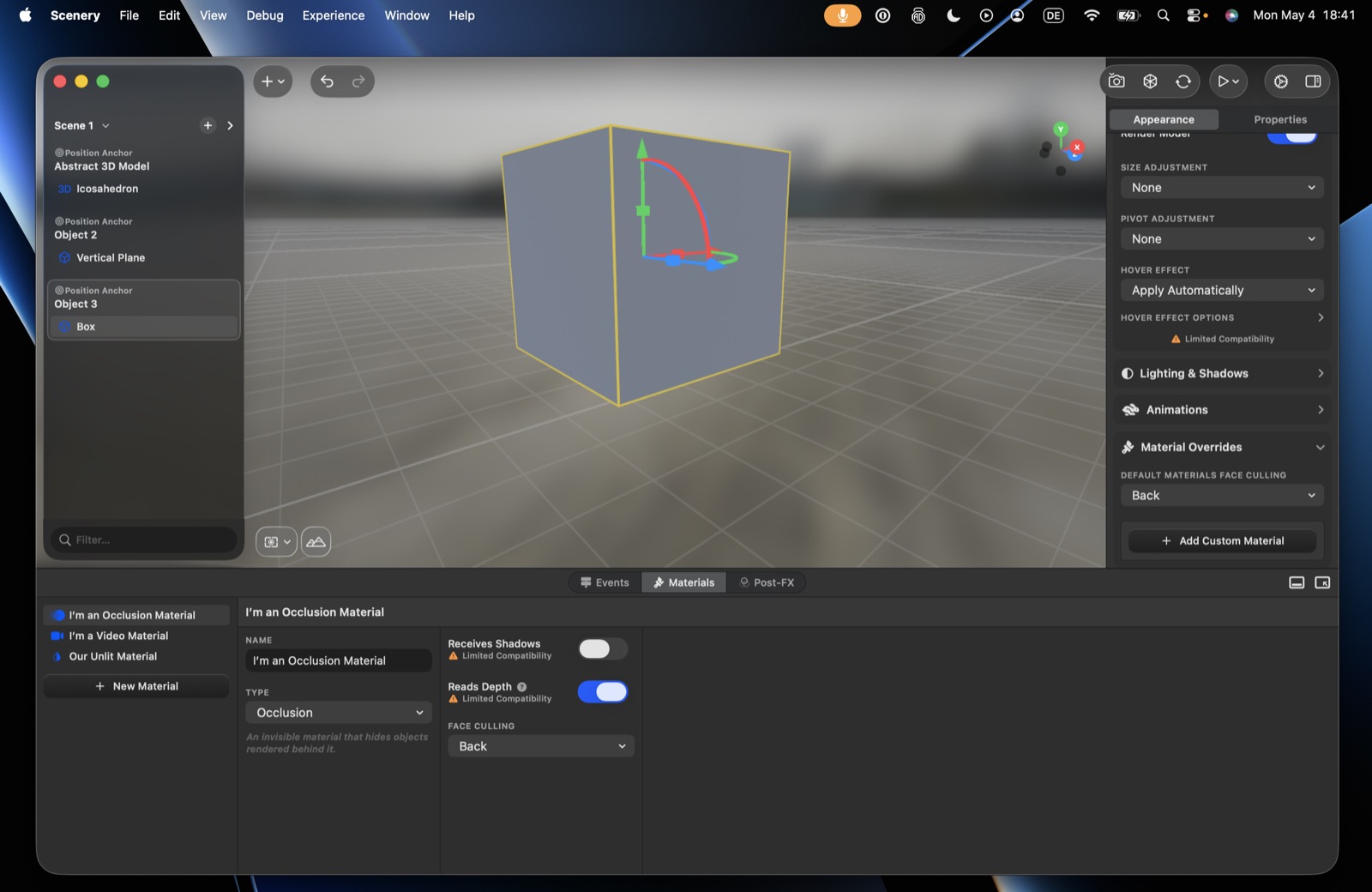 An Occlusion material – invisible, with receive-shadows and read-depth options