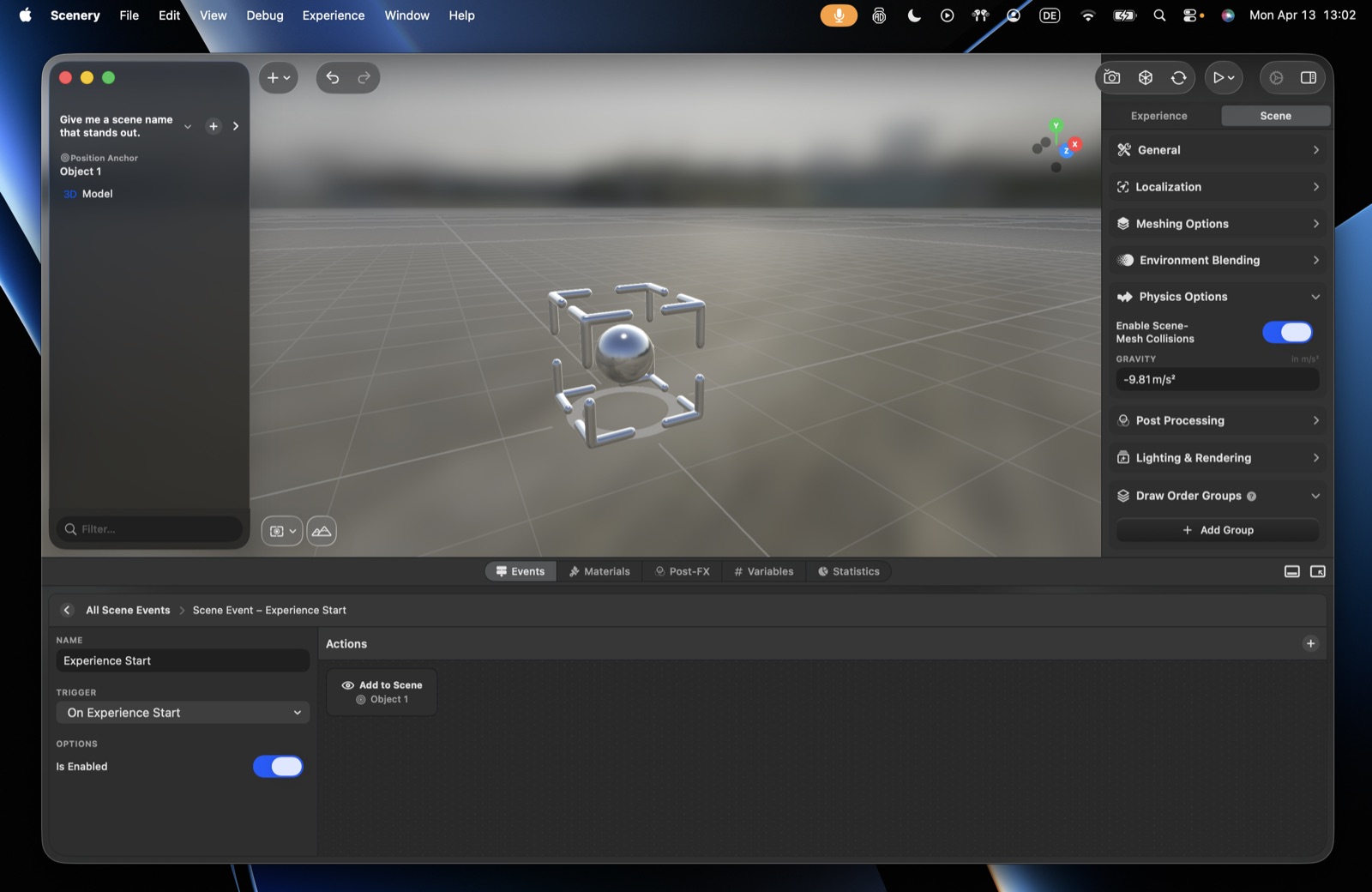 Scene physics options – scene mesh collisions and the gravity value