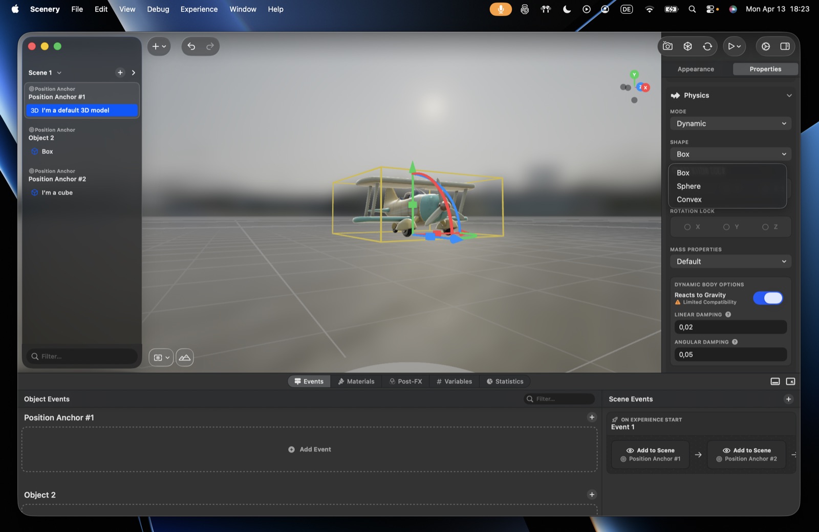 The Physics section – Mode set to Dynamic with the collision Shape menu open on Box, Sphere, Convex, plus Mass and Dynamic Body options