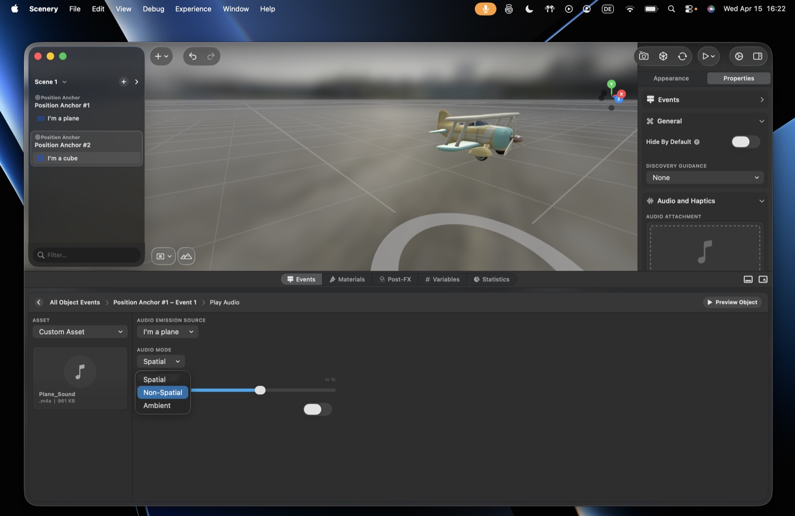 The Play Audio action with its audio mode menu – Spatial, Non-spatial, Ambient
