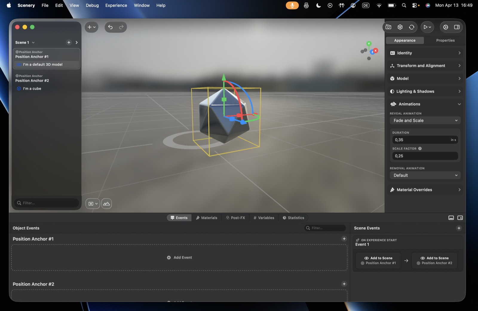 The reveal and removal animation options – kind, duration, and scale factor