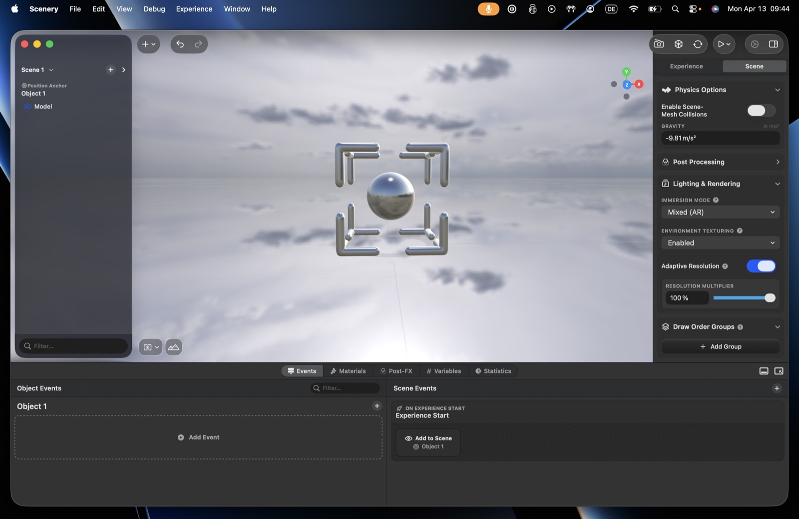 A background applied to the scene, with the Scene settings immersion mode and environment texturing controls