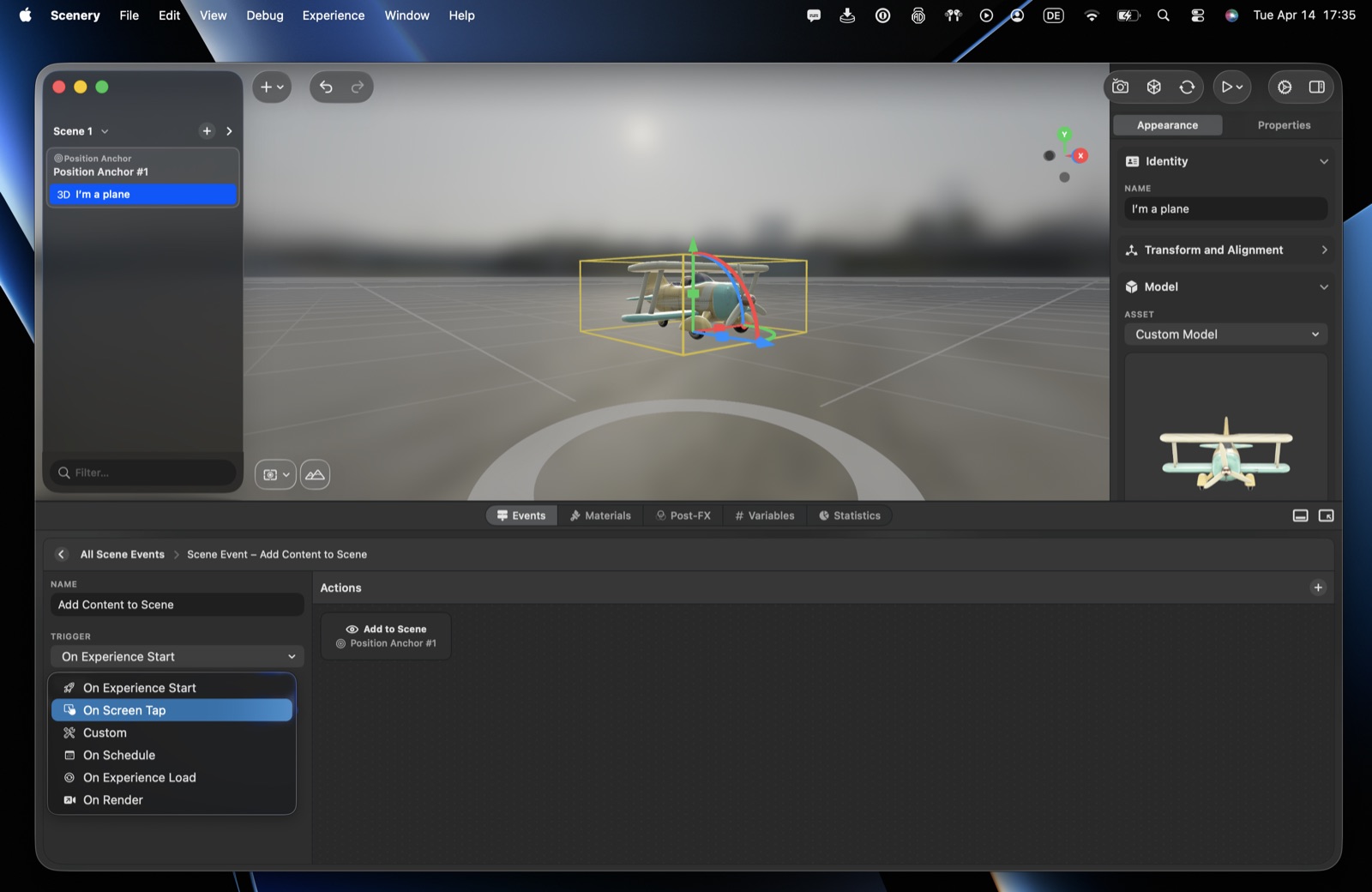The scene trigger picker – On Experience Start, On Screen Tap, Custom, On Schedule, On Experience Load, On Render