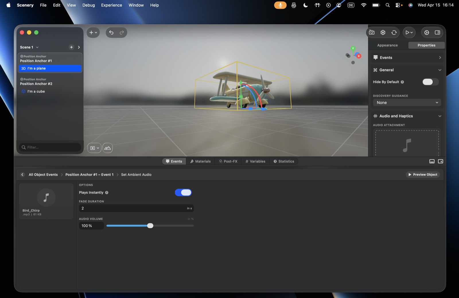 The Set Ambient Audio action – the audio file, Plays Instantly, Fade Duration, and Audio Volume