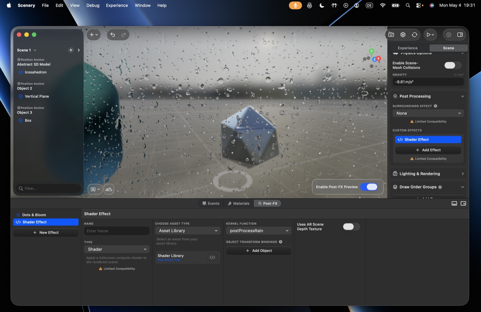 A shader effect – the asset library source, a kernel function selection, object transform bindings, and the depth-texture toggle