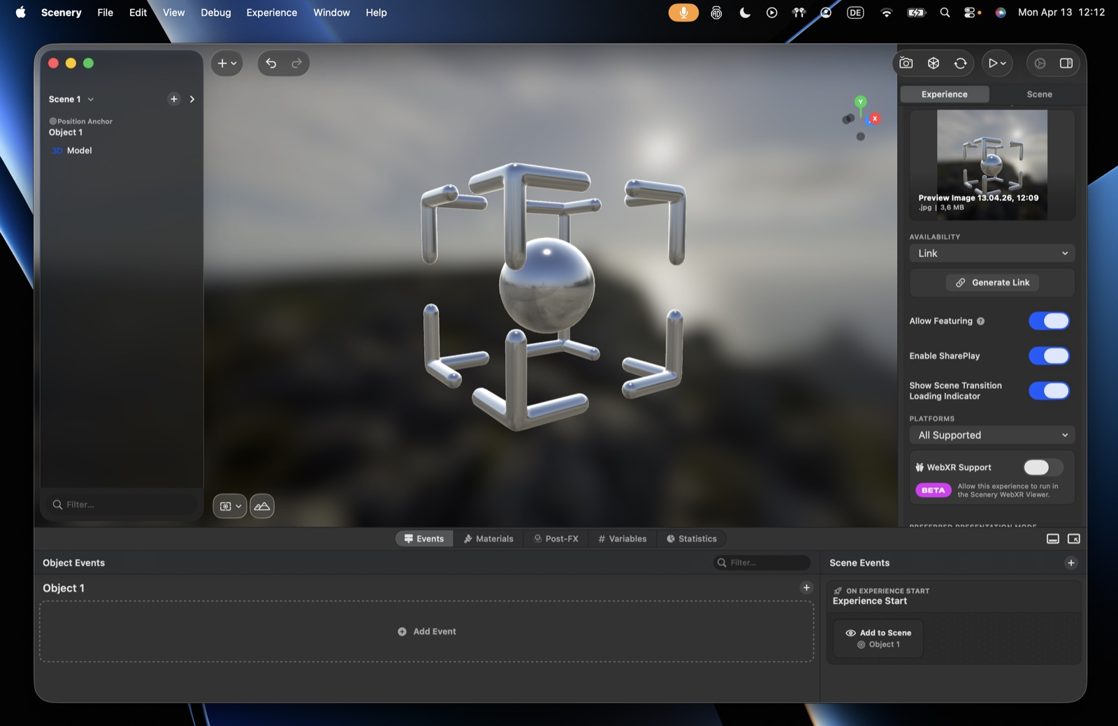 Sharing and delivery – Generate link, Allow featuring, Enable SharePlay, the scene transition loading indicator, platforms, and the WebXR toggle