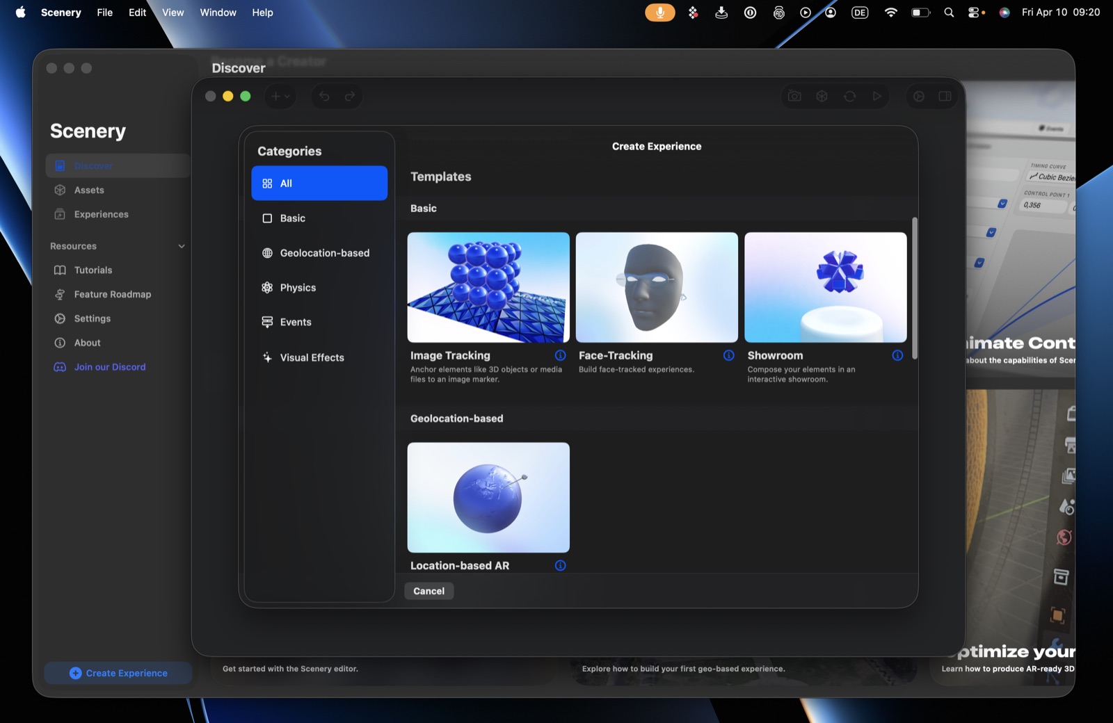 The Create Experience dialog – a category sidebar and a grid of templates (Image Tracking, Face-Tracking, Showroom, Location-based AR, and more)
