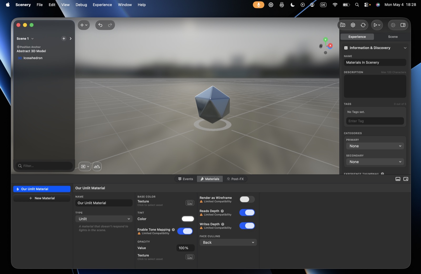 An Unlit material – base colour texture and tint, tone mapping, opacity, and the shared rendering options
