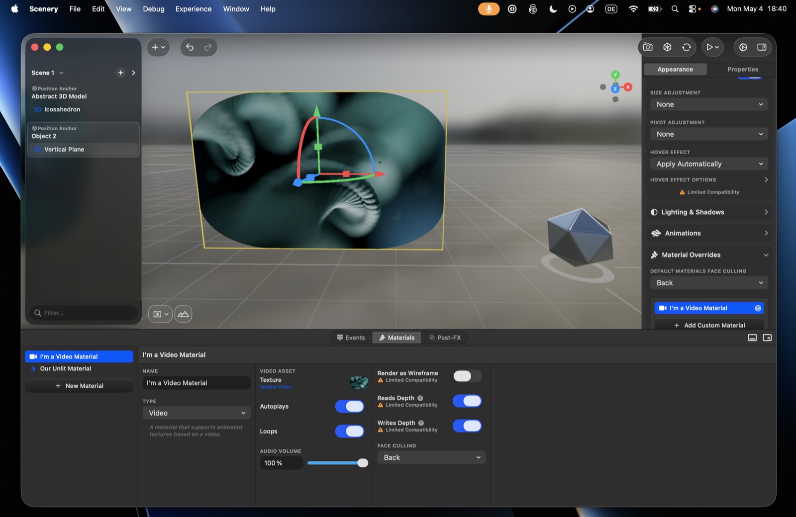 A Video material with the clip playing in the viewport – video asset, autoplay, loops, and audio volume