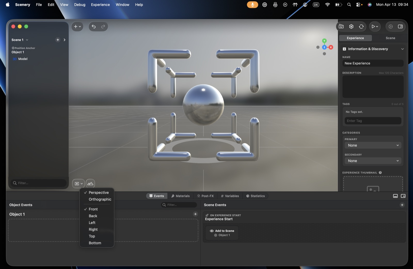 The viewport view-preset menu open – Perspective, Orthographic, and the Front/Back/Left/Right/Top/Bottom views