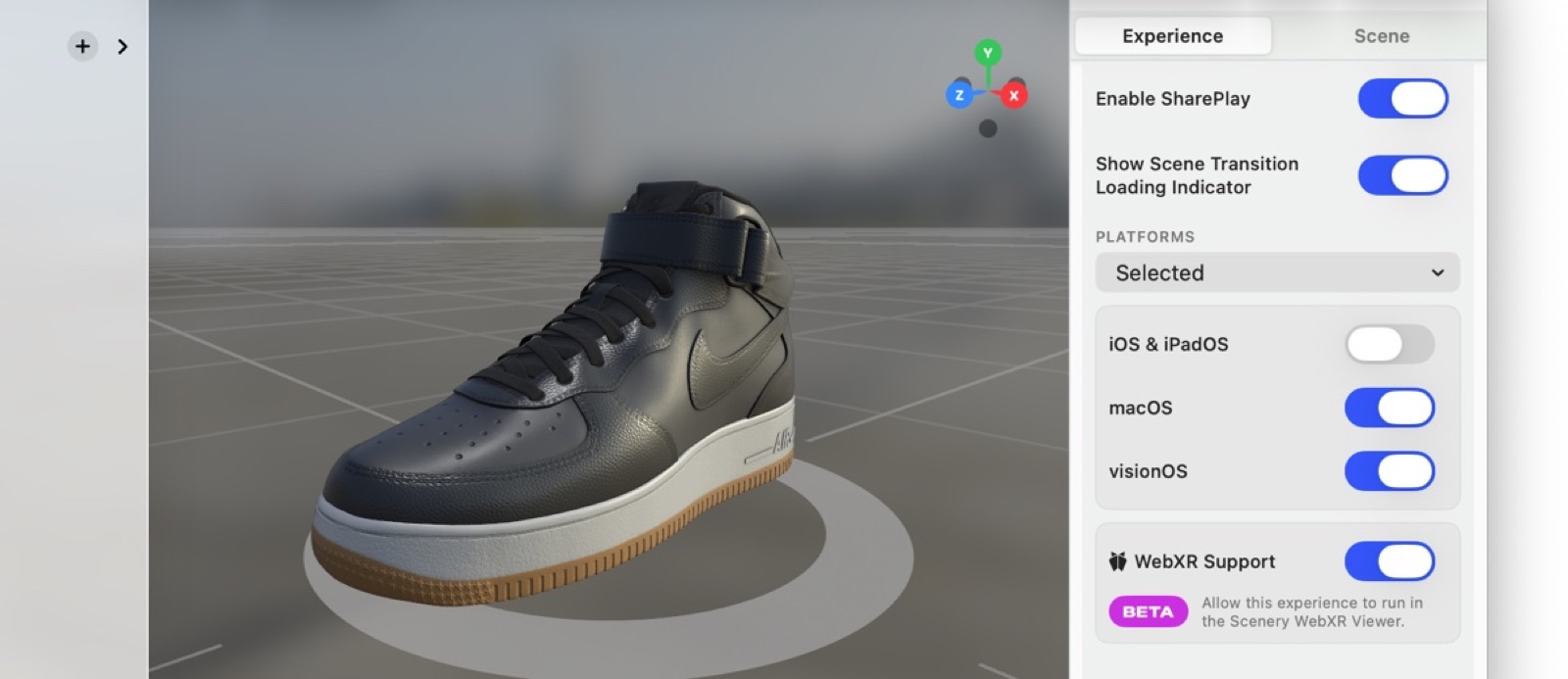 The WebXR Support toggle in the experience settings, with the Beta badge