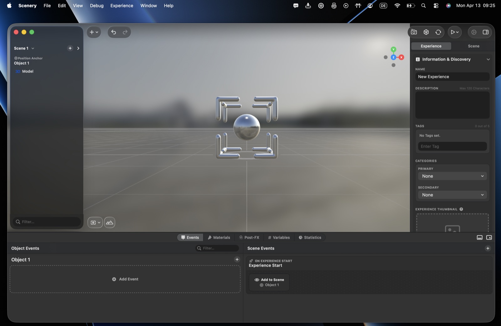 The Scenery editor, with the hierarchy on the left, the canvas in the middle, the Experience and Scene panel on the right, and the bottom tabs