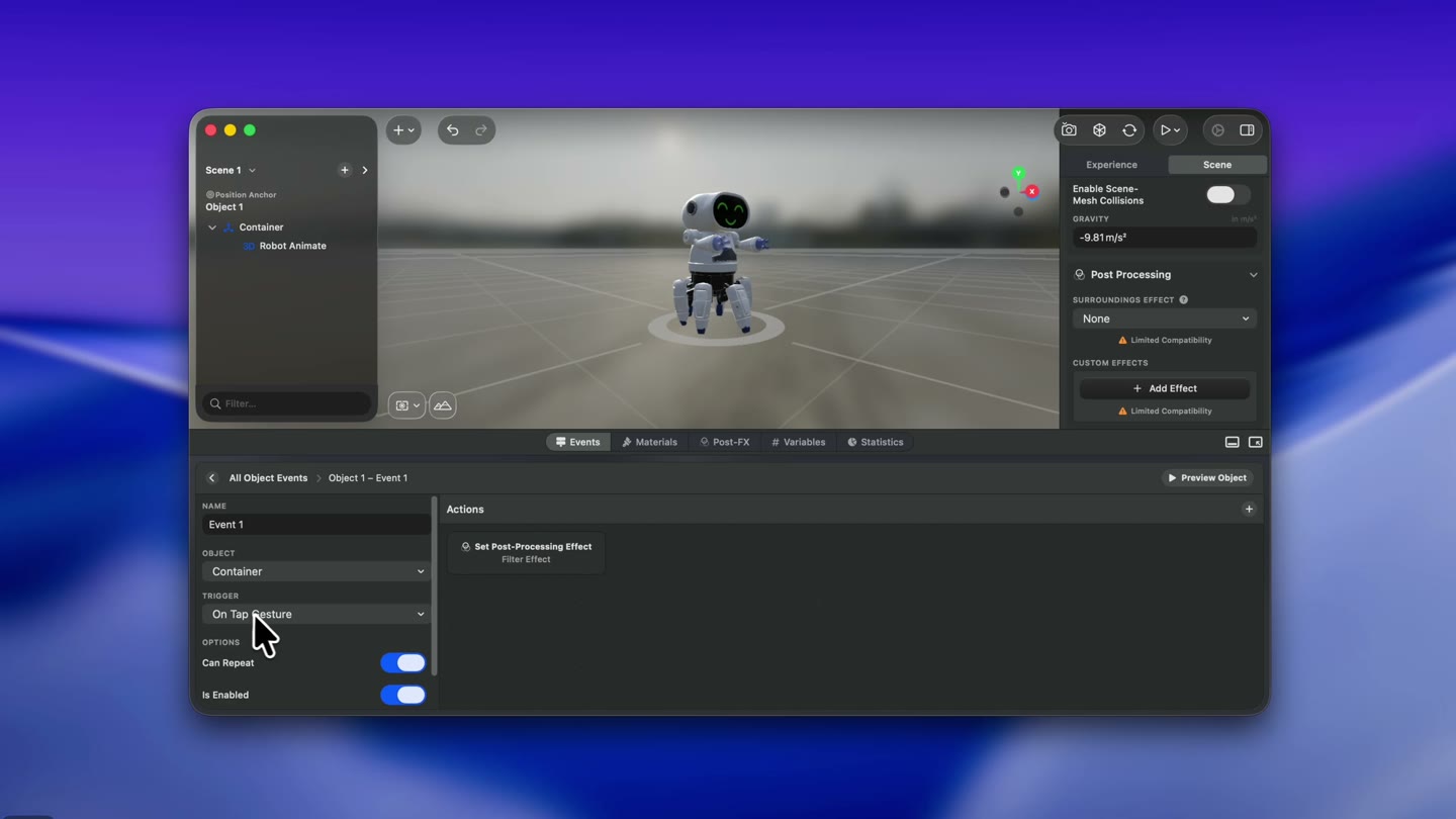 Wrap two Set Post-Processing Effect actions in a Cycle so each tap toggles the effect on and off.