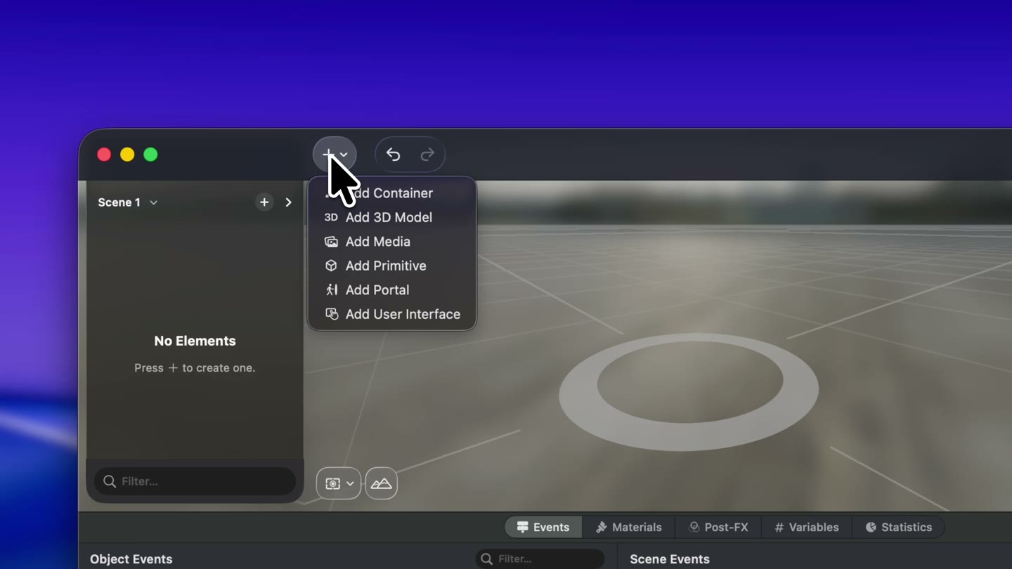 Insert a 3D model from the + menu and seat it on the floor.