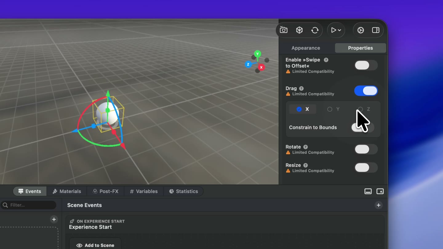 Constrain a drag to one axis with min and max bounds to make a 3D slider.
