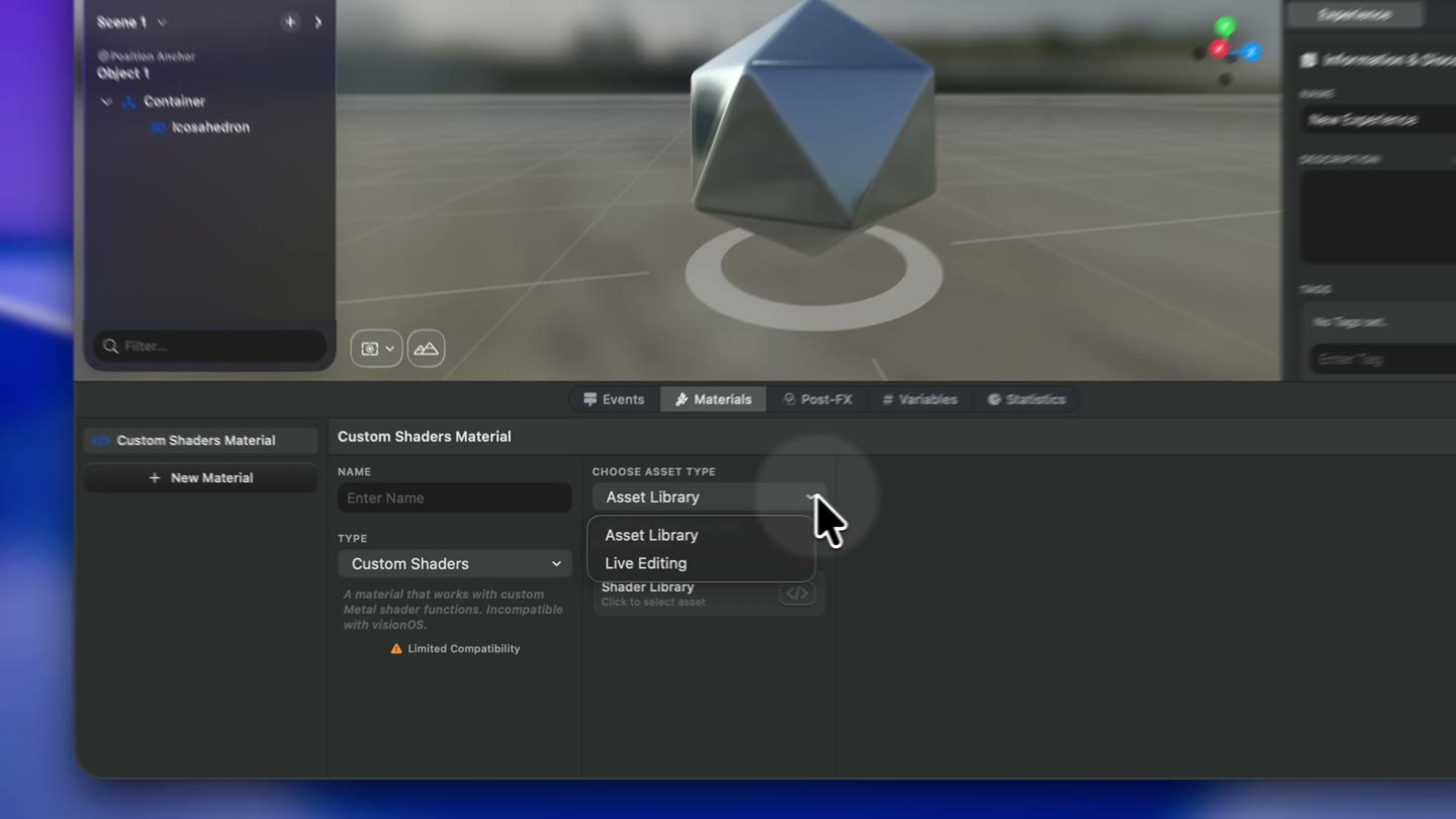 Custom Shaders in Live Editing mode – edit the shader file and the object recolors instantly on save.